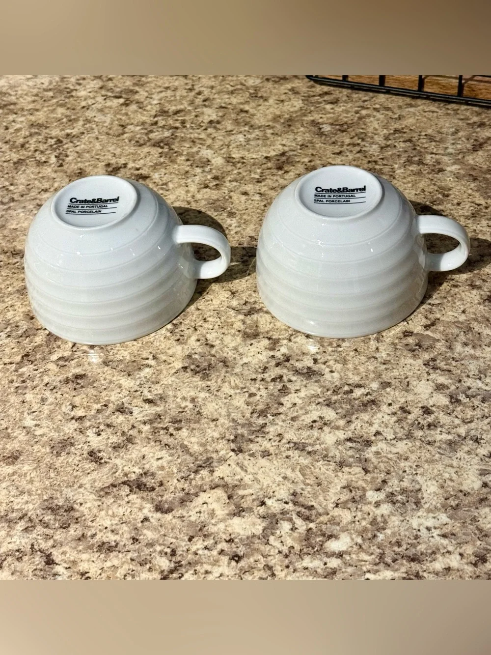 Set of 2 Crate and Barrel Roulette White Spal Porcelain Ribbed Cups